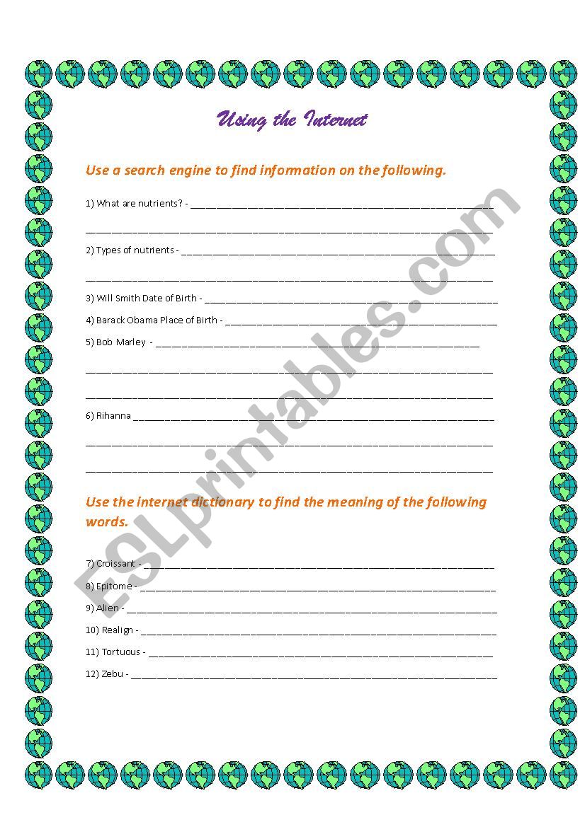 Using the Internet worksheet