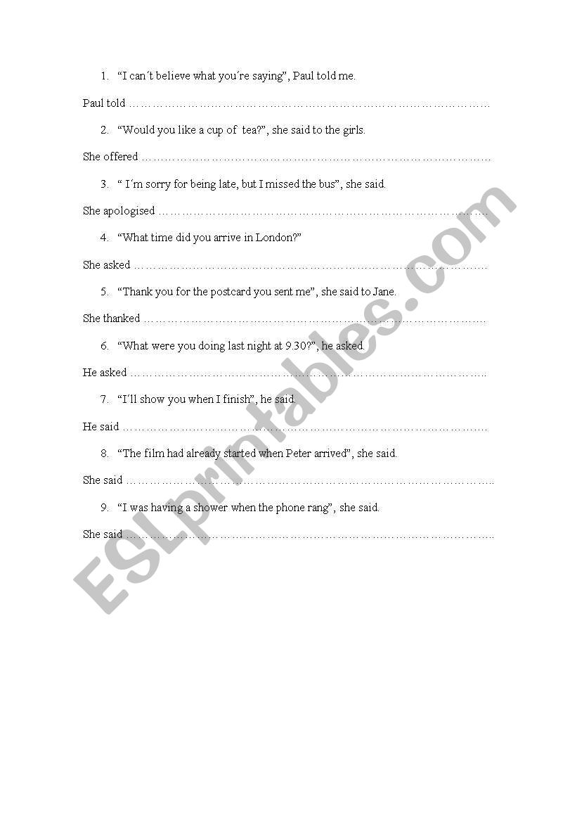 reported speech worksheet