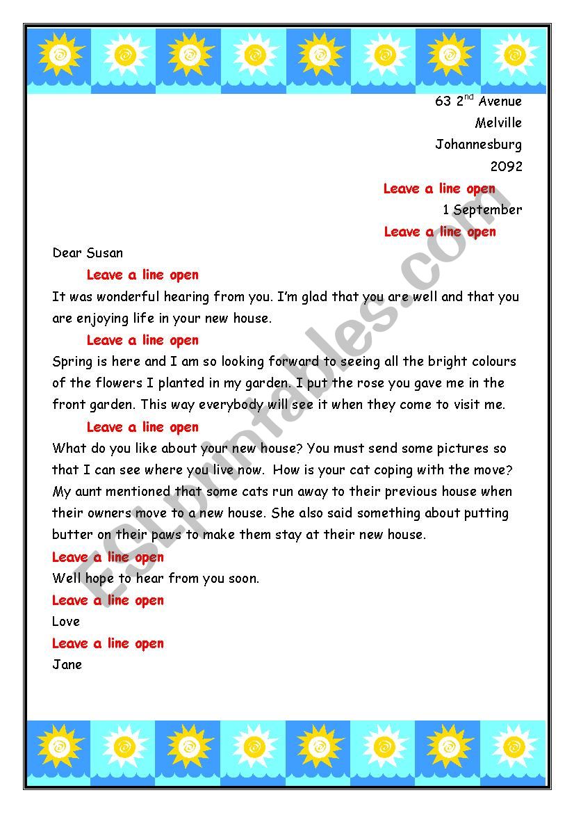 Letter to Susan worksheet