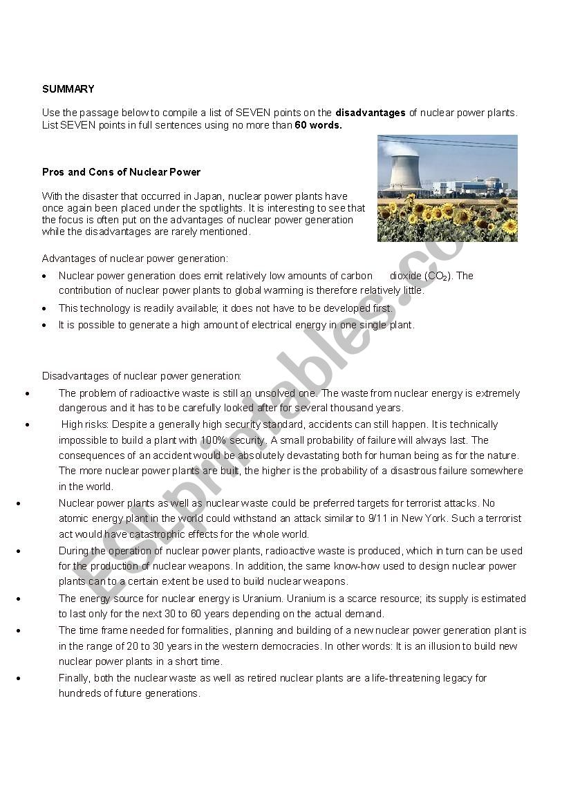 Summary: Nuclear disasters worksheet