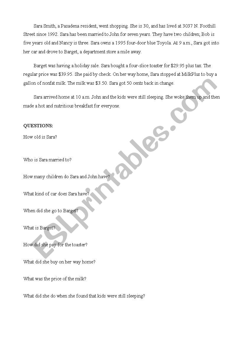 Sara went shopping worksheet