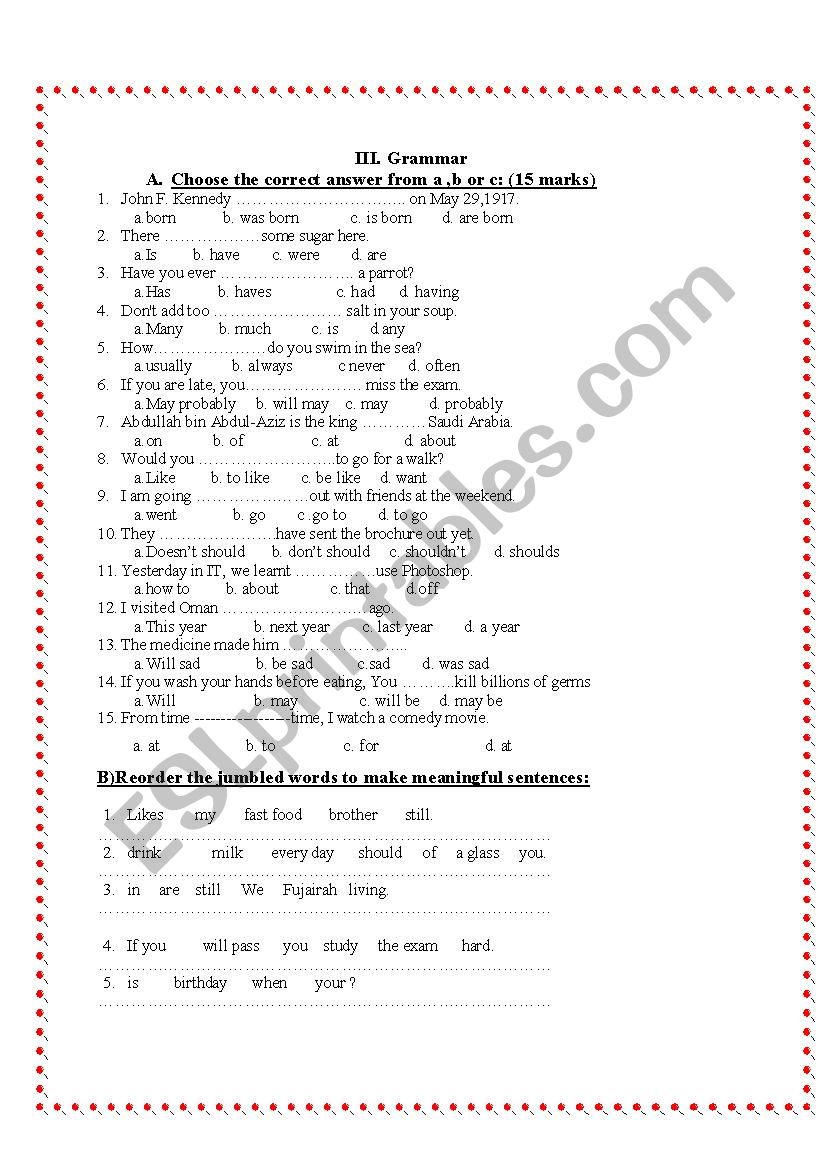 grammar for grade 8 esl worksheet by sweety85