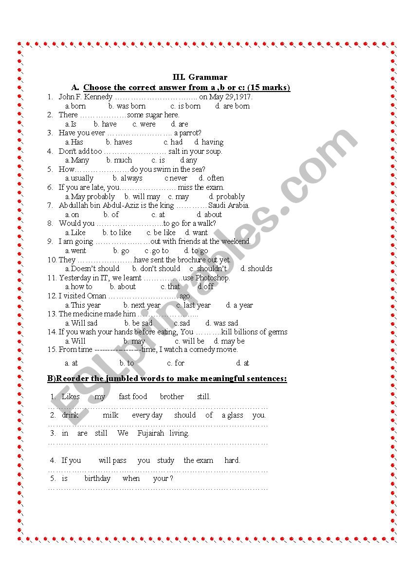 Grammar For Grade 8 ESL Worksheet By Sweety85