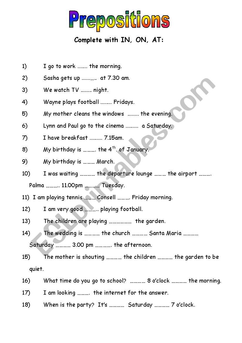 prepositions in on at esl worksheet by lynnden