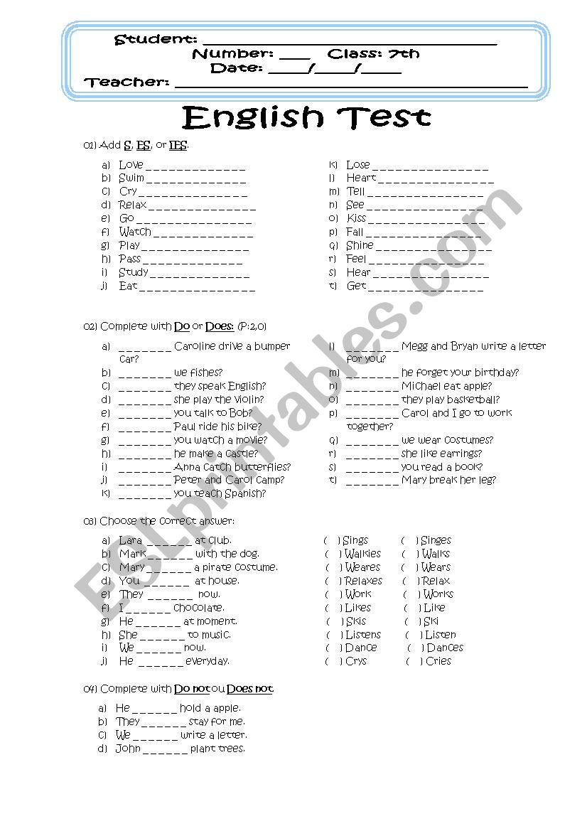 Exam for 7th grade worksheet