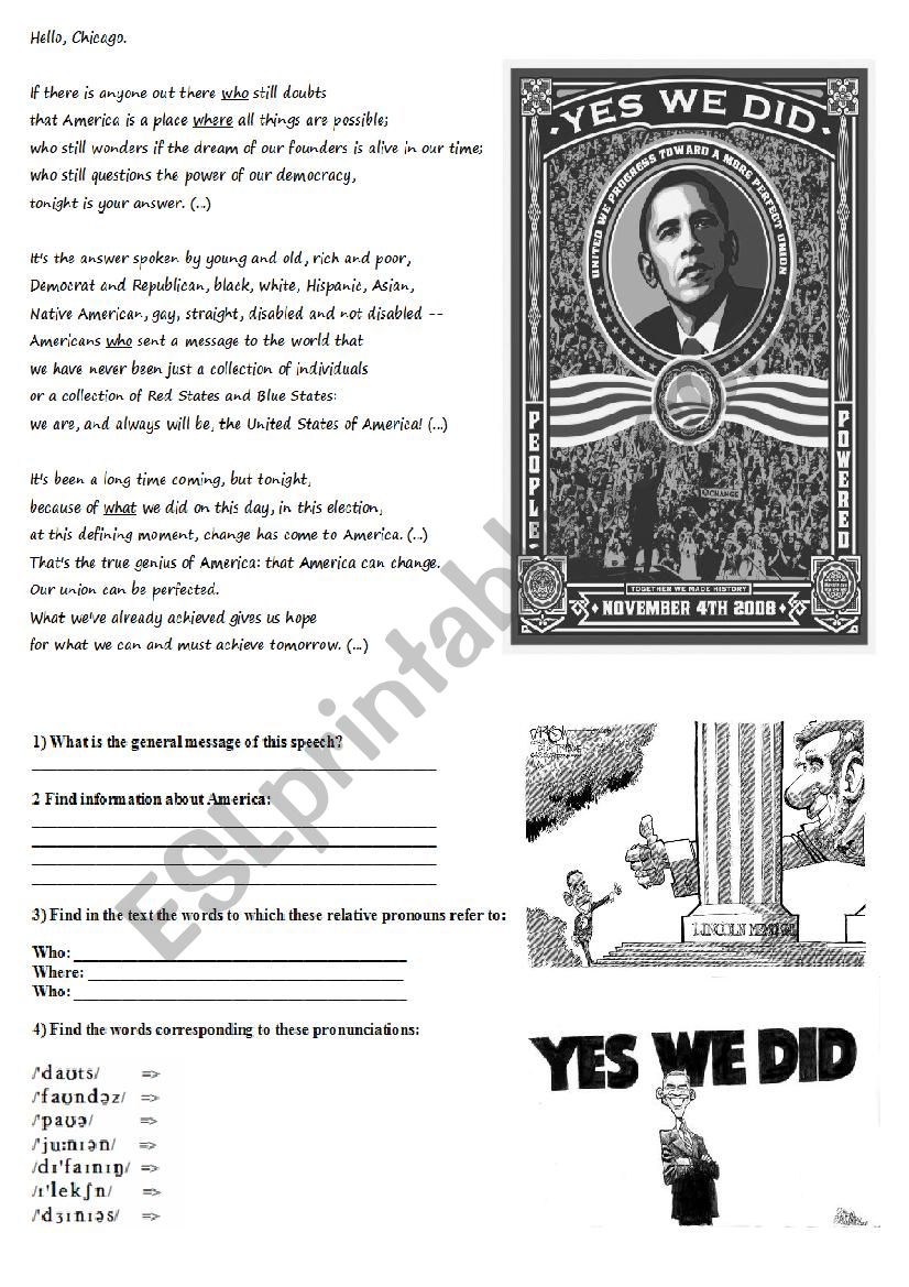Obamas victory speech worksheet