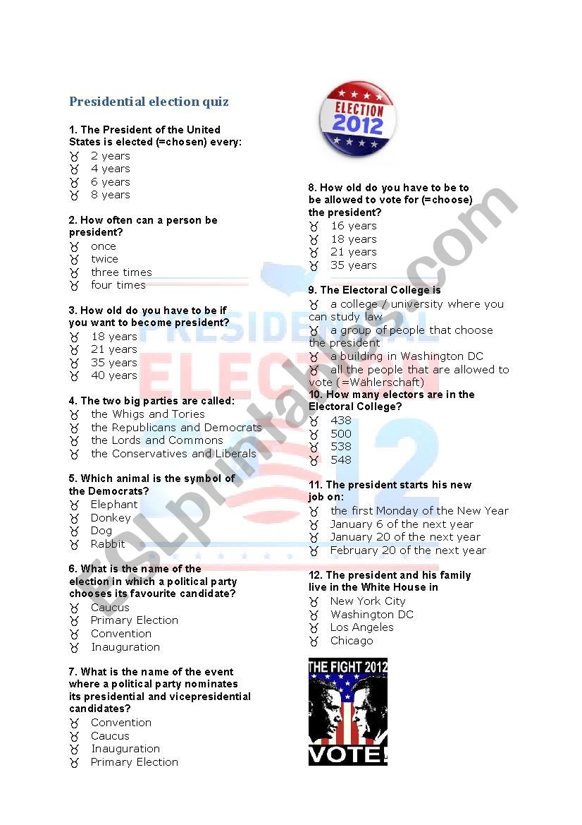 Presidential election quiz worksheet