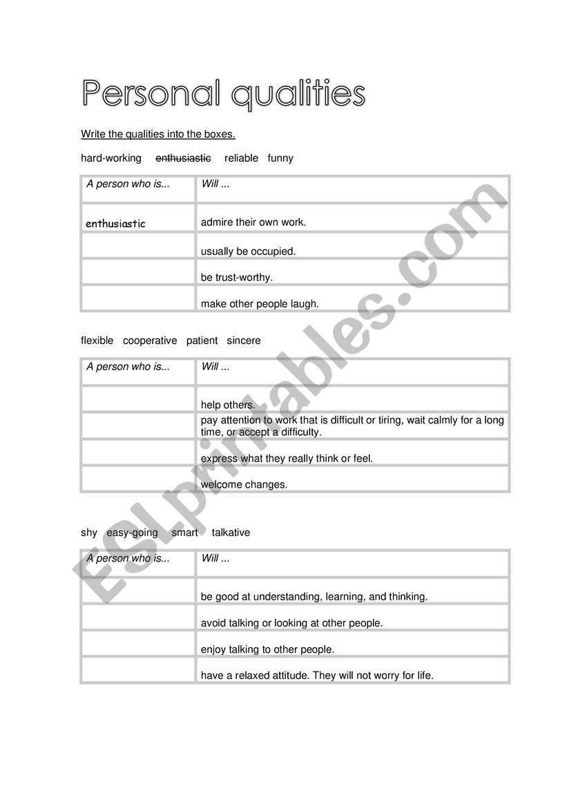 personal qualities worksheet