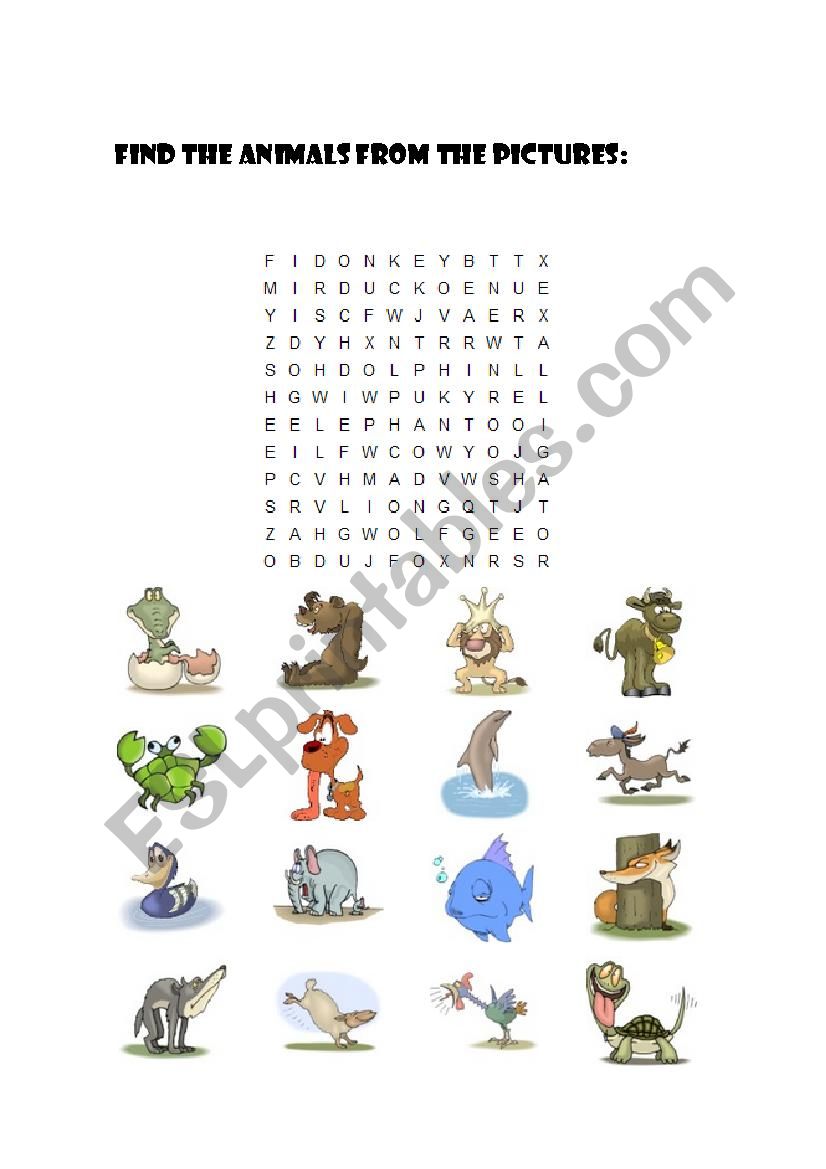 wordsearch animals worksheet