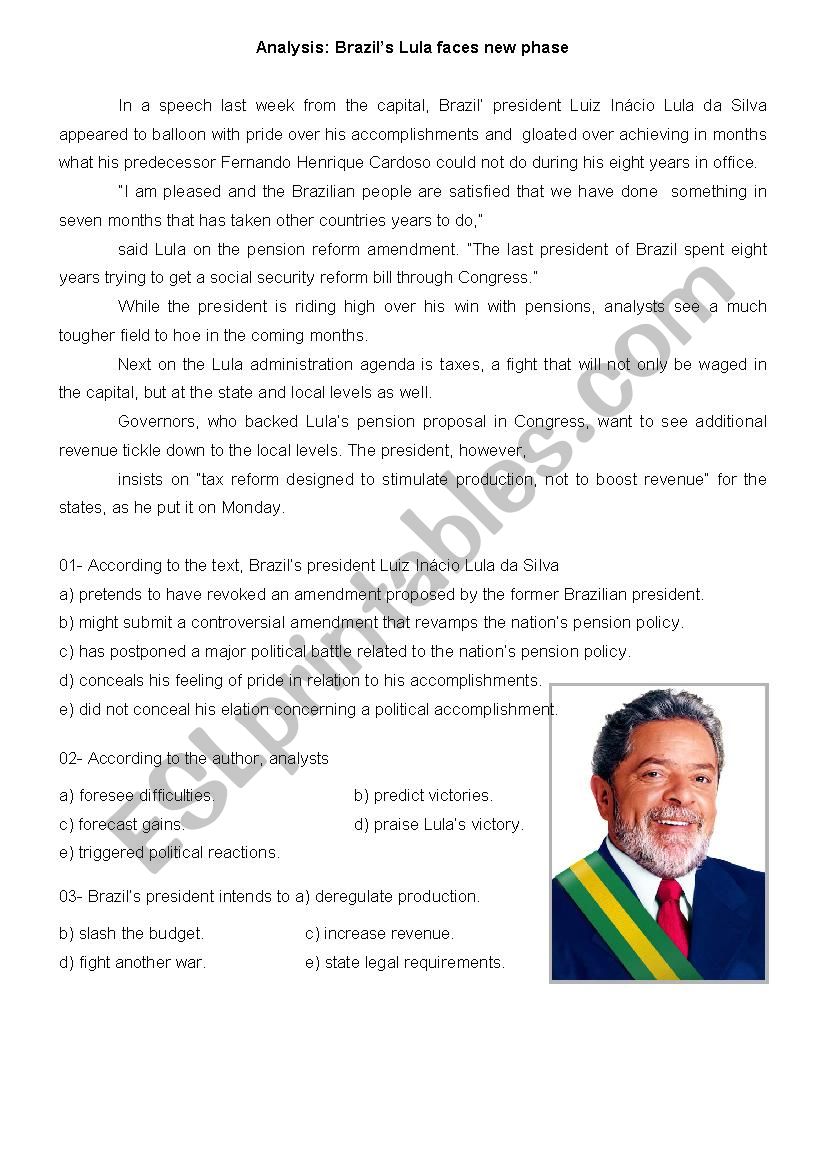 Brazils Lula  face new phase worksheet