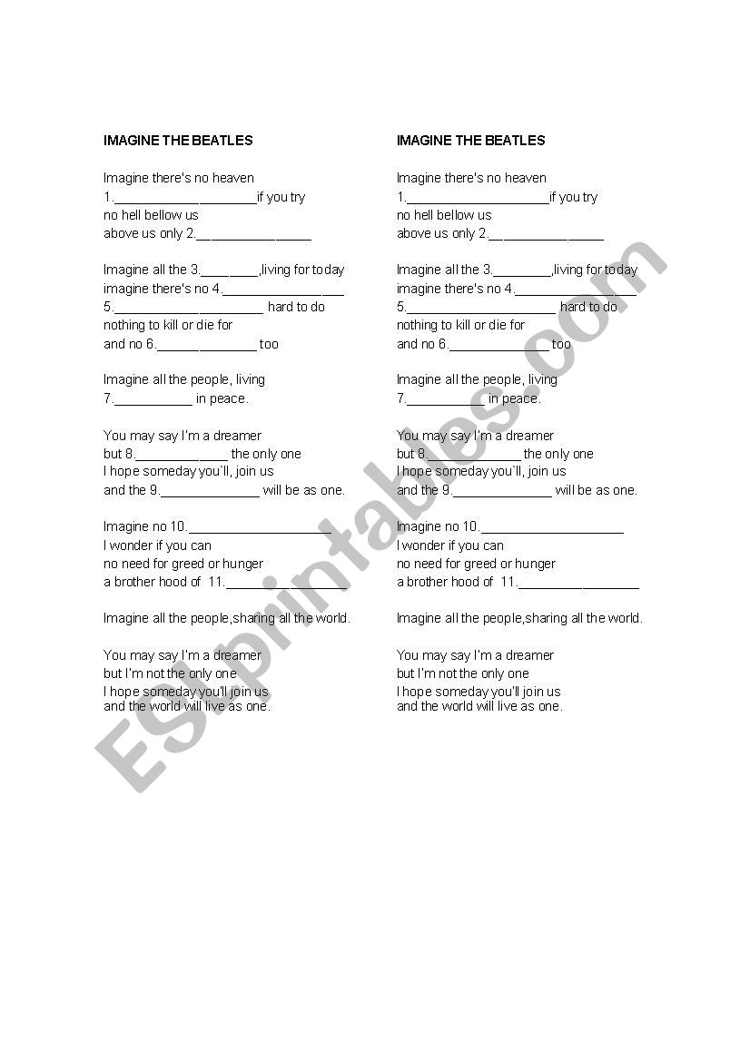 Song imagine worksheet