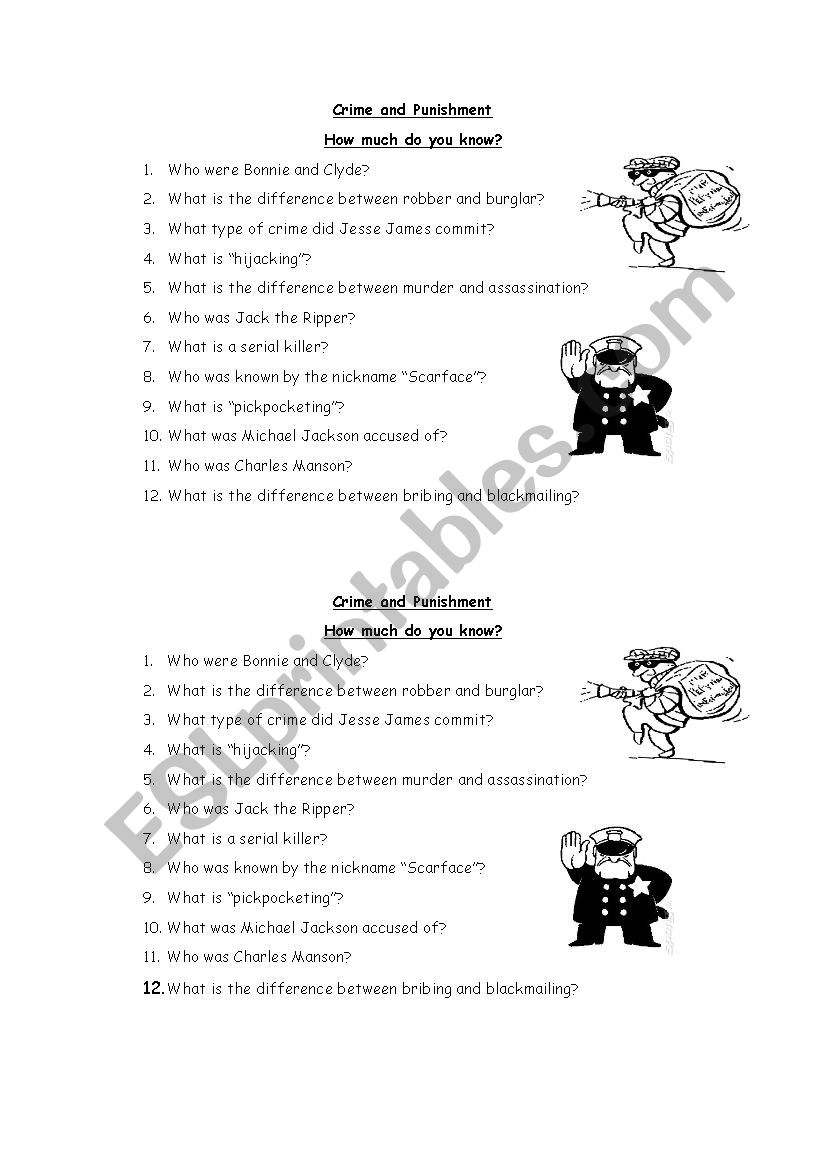 Crime and punishment worksheet