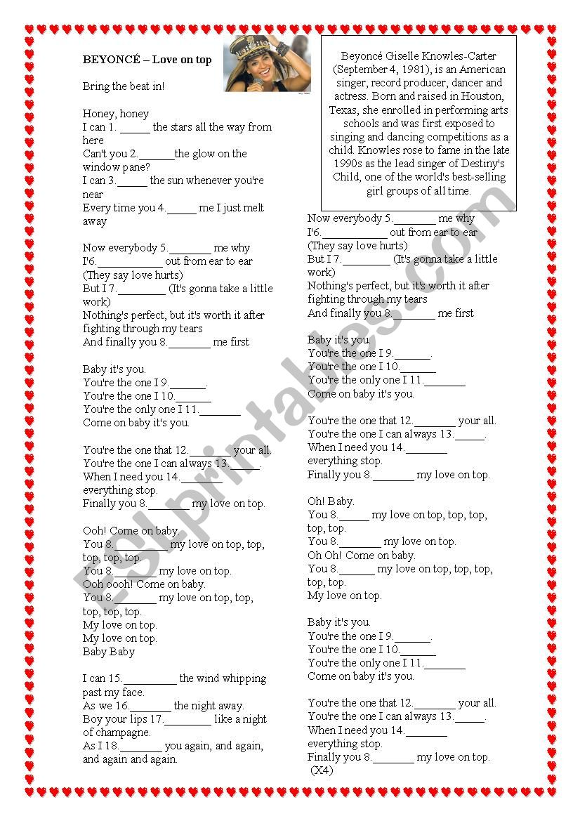 Beyonc- Love on top  worksheet