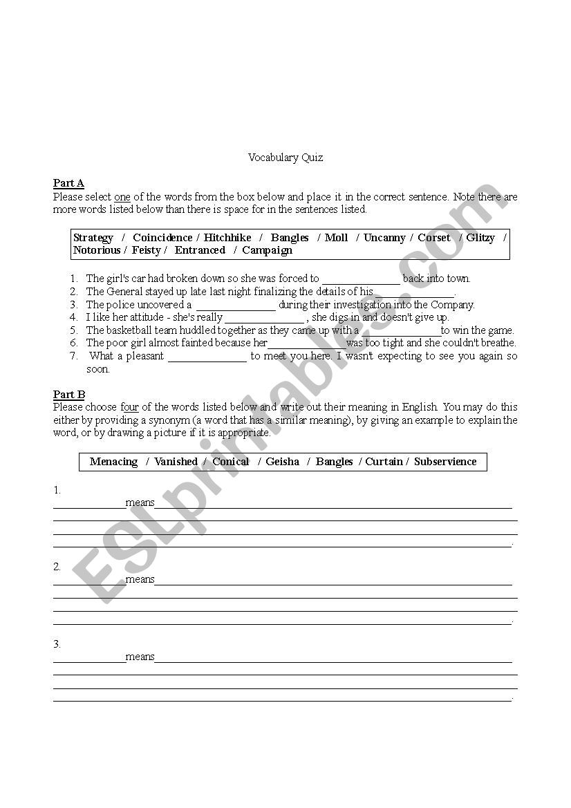 Vocabulary Quiz worksheet