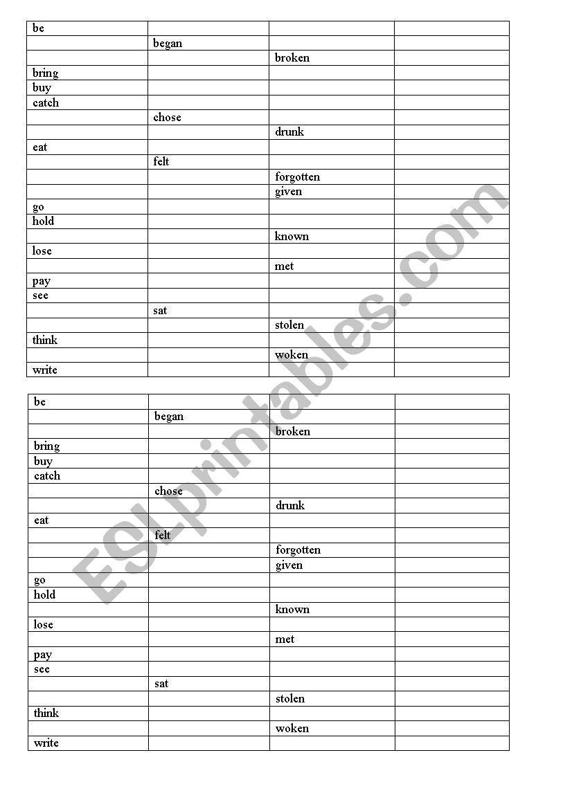 Irregular verbs test worksheet