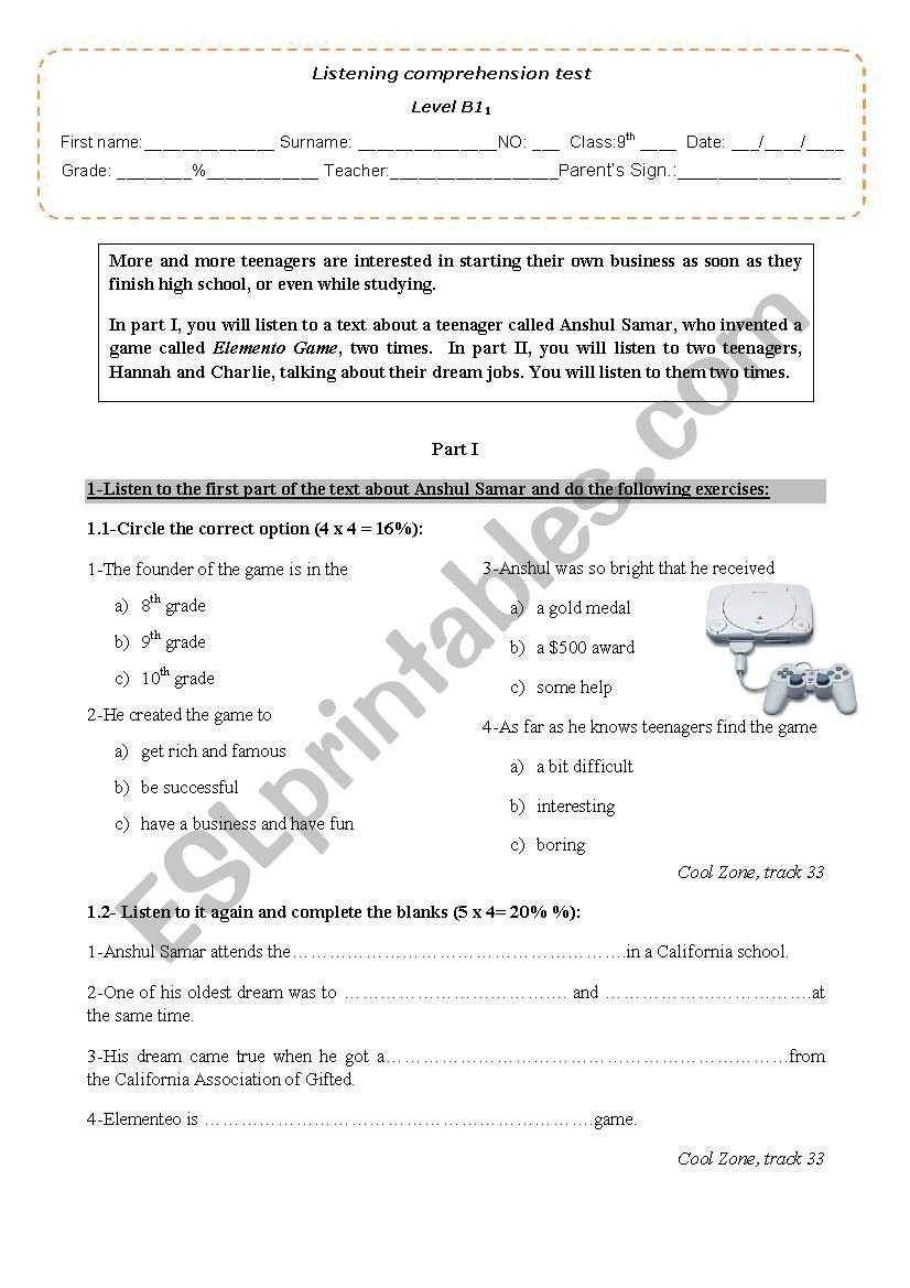 Listening test worksheet