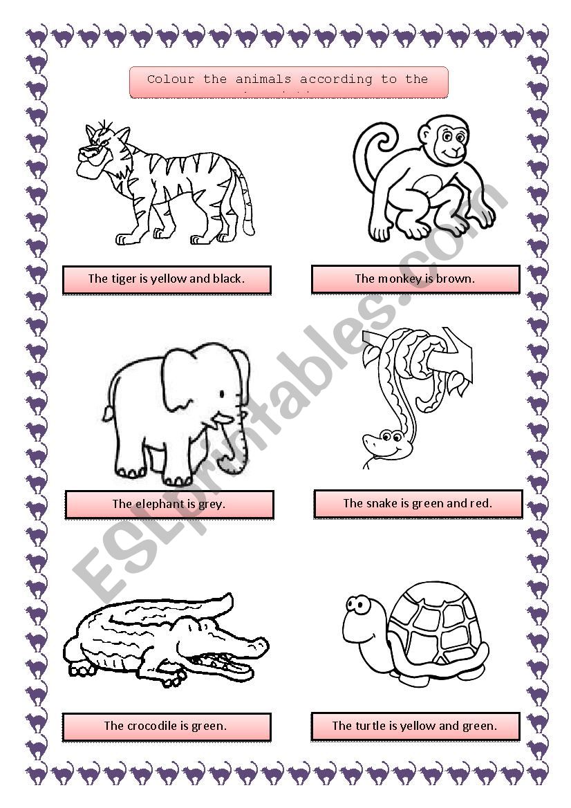 Colour the wild animals according to the descriptions