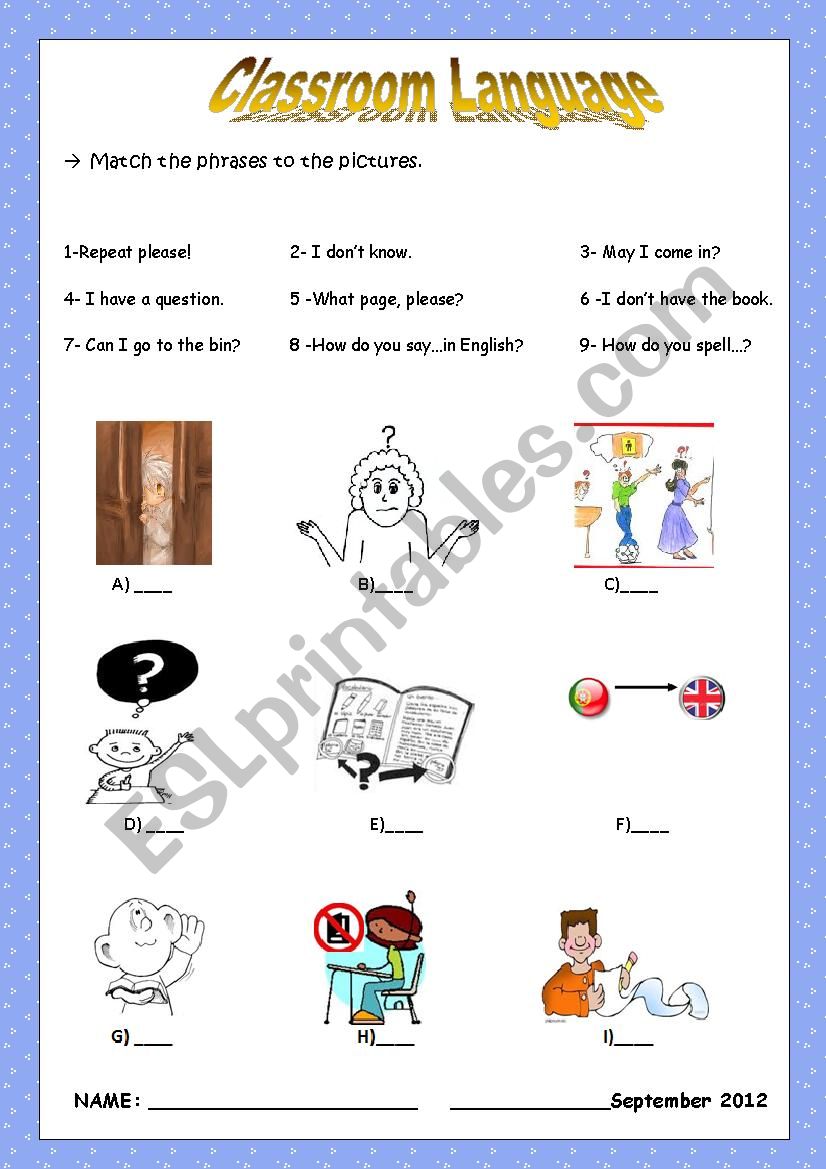 classroom language matching worksheet