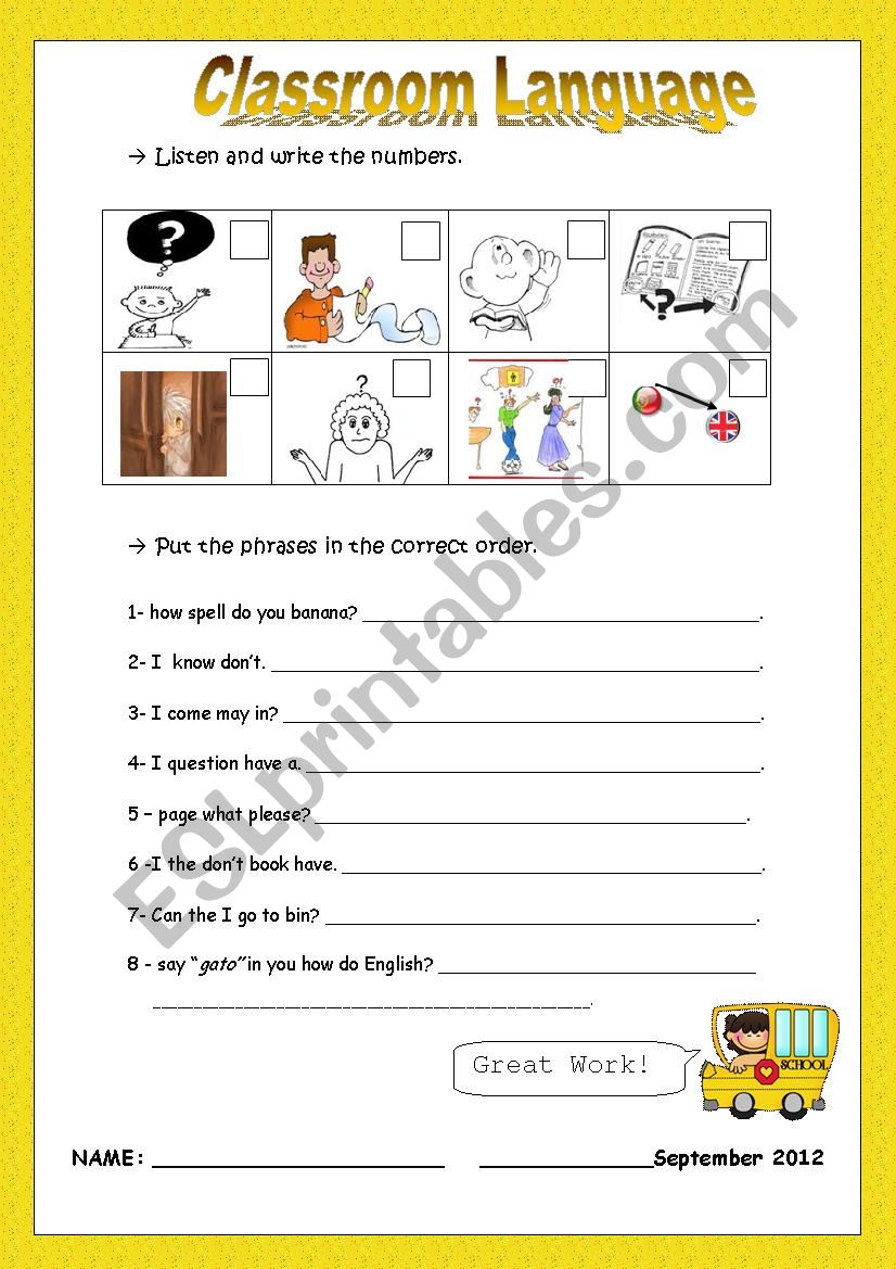 classroom language listen and number, put the phrases in order