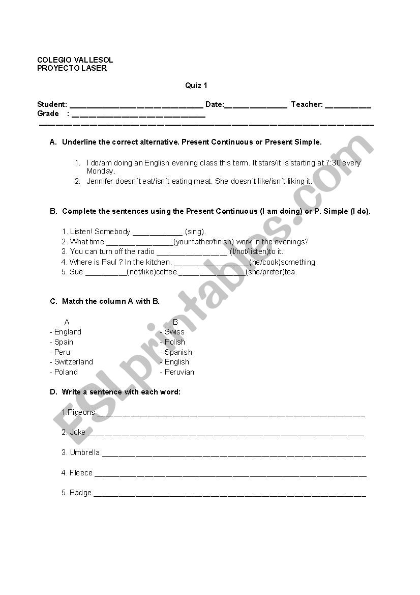 Grammar quiz worksheet