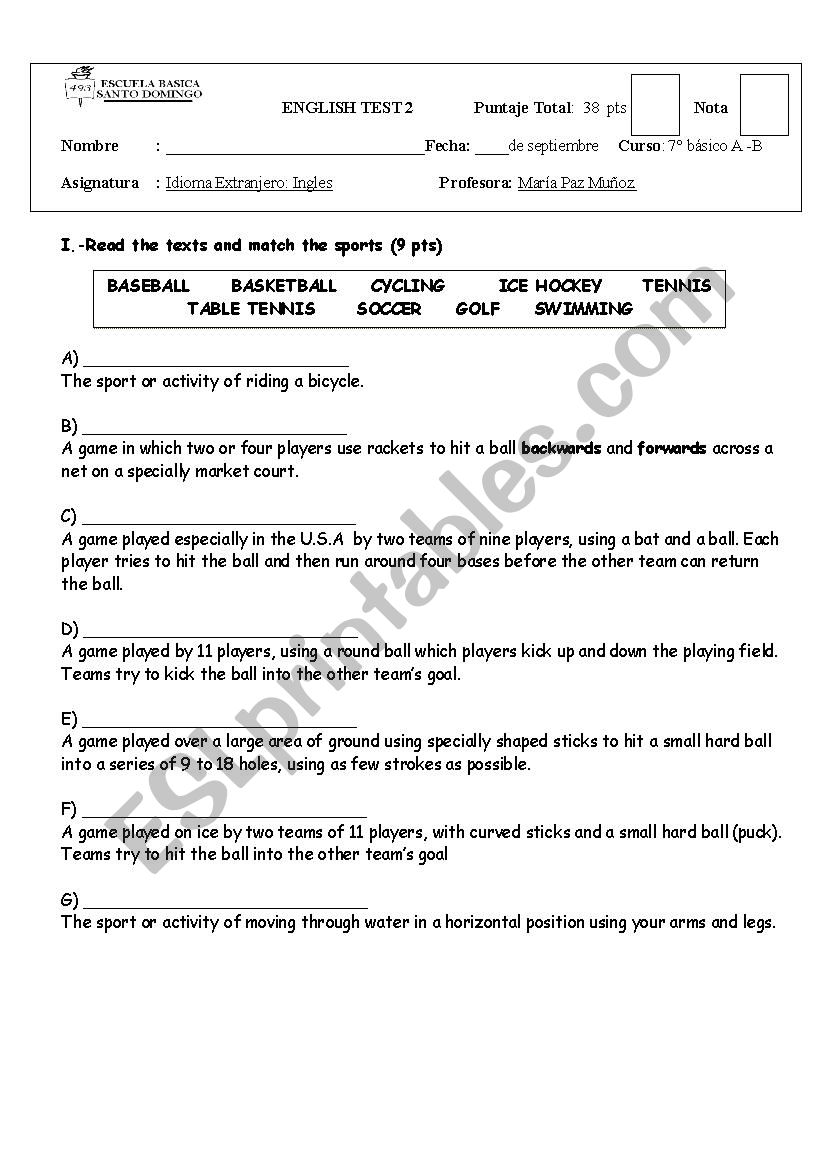 sports worksheet