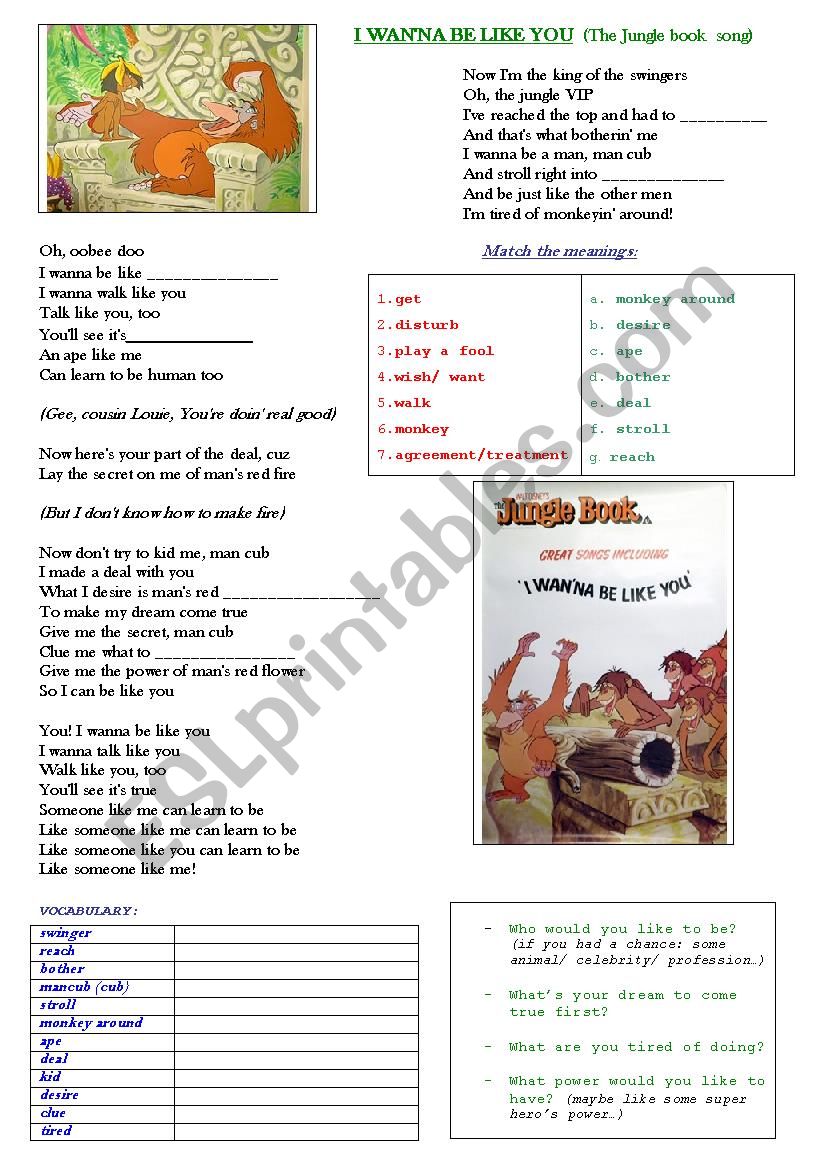 I Wanna Be Like You - Jungle Book Song - Fill in the blank - ESL worksheet  by Guil77