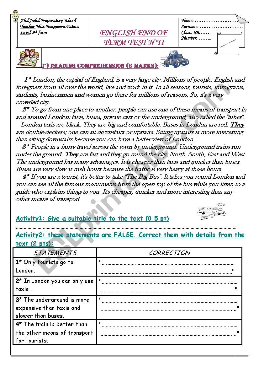 exam for 8th grade worksheet