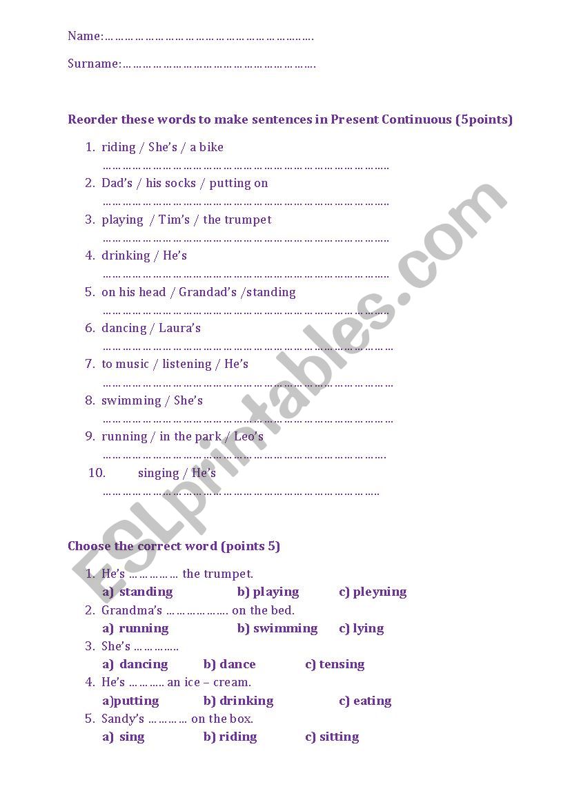 Present Continuous short test worksheet