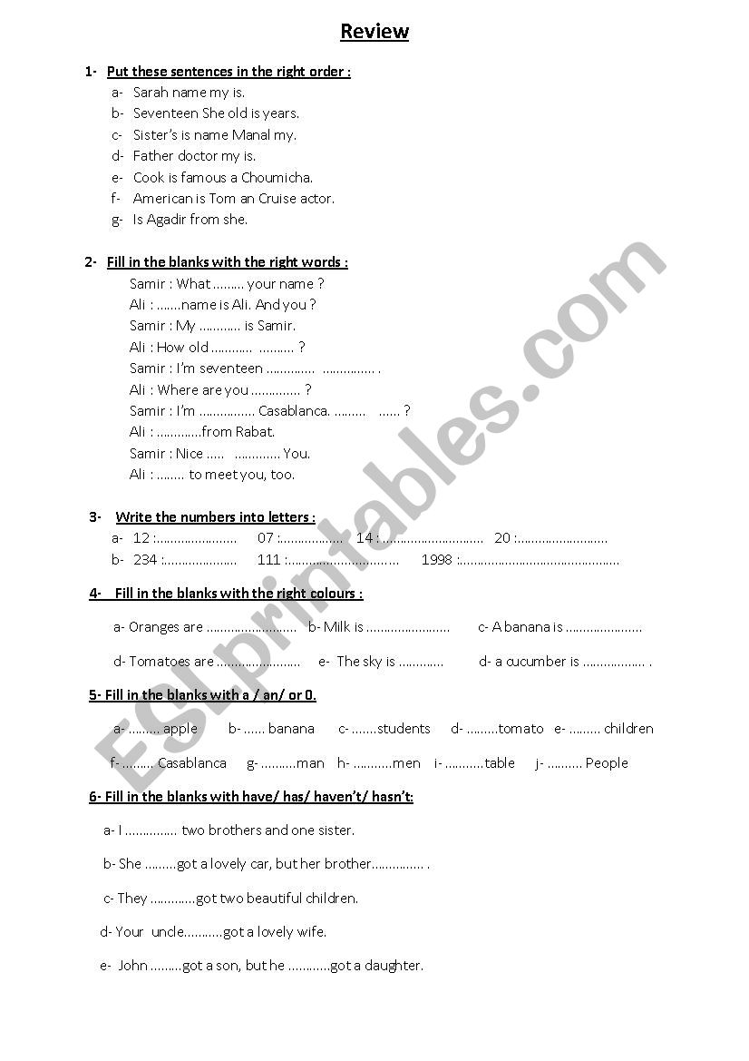 review for beginners worksheet