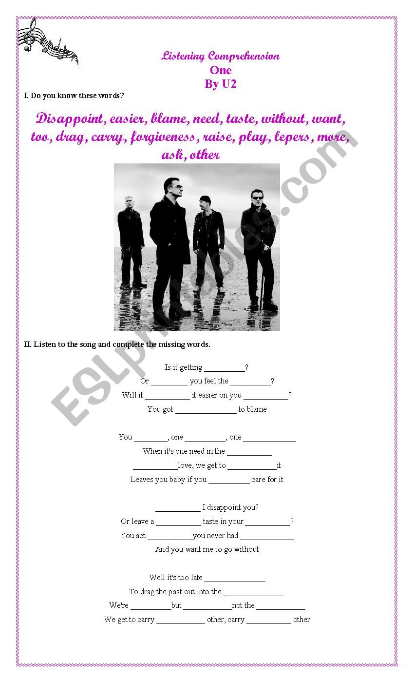 One - by U2 worksheet