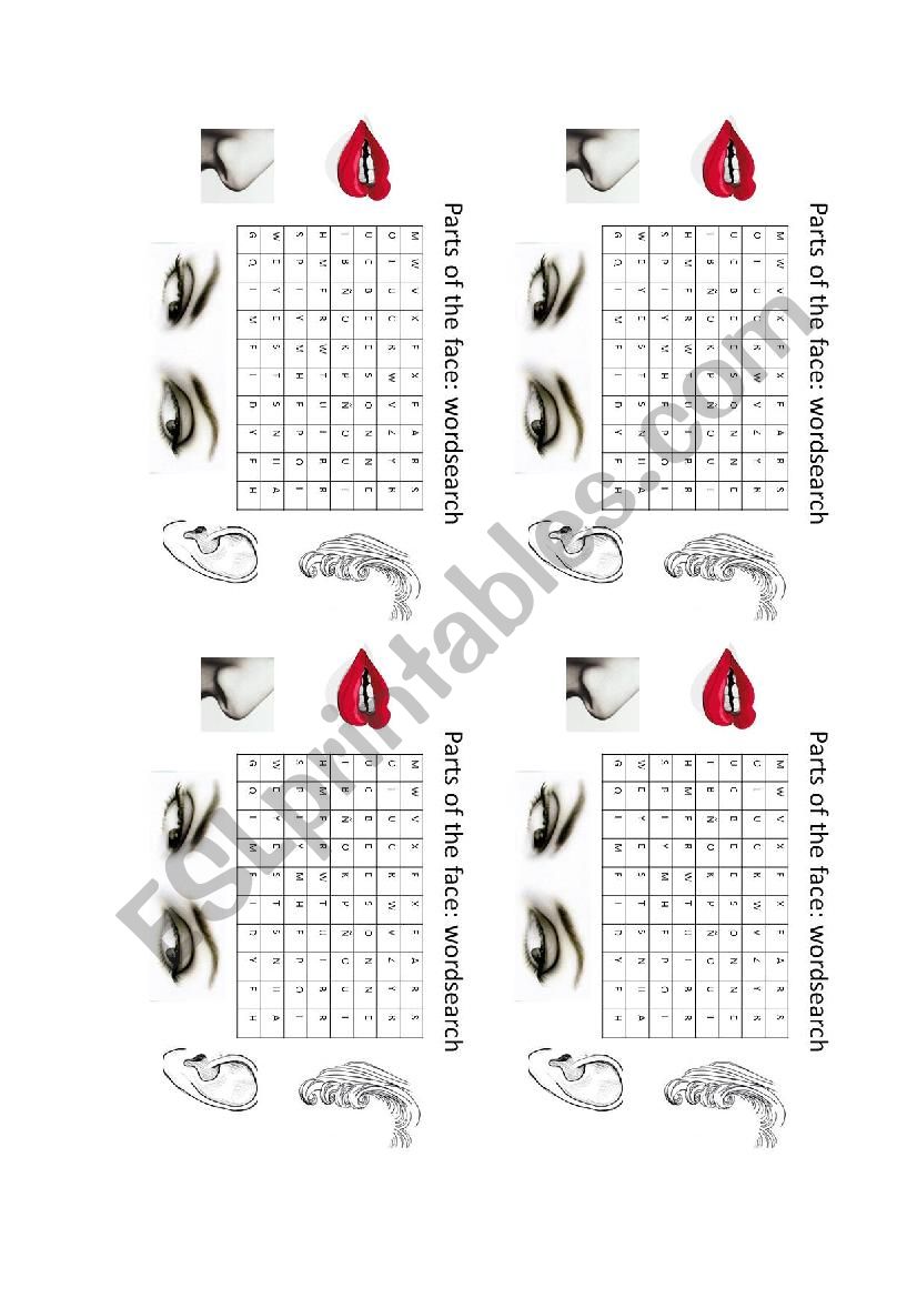 Parts of the face wordsearch worksheet