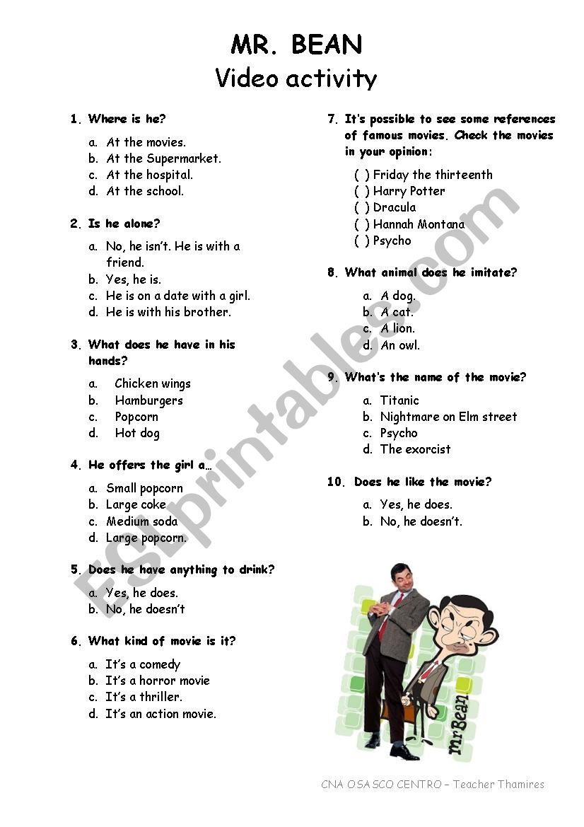 Mr. Bean goes to the movies  worksheet