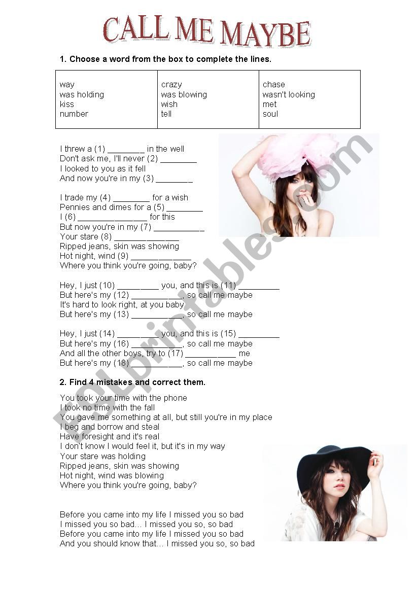 Call Me Maybe Carly Rae Jepsen Esl Worksheet By Engteachar