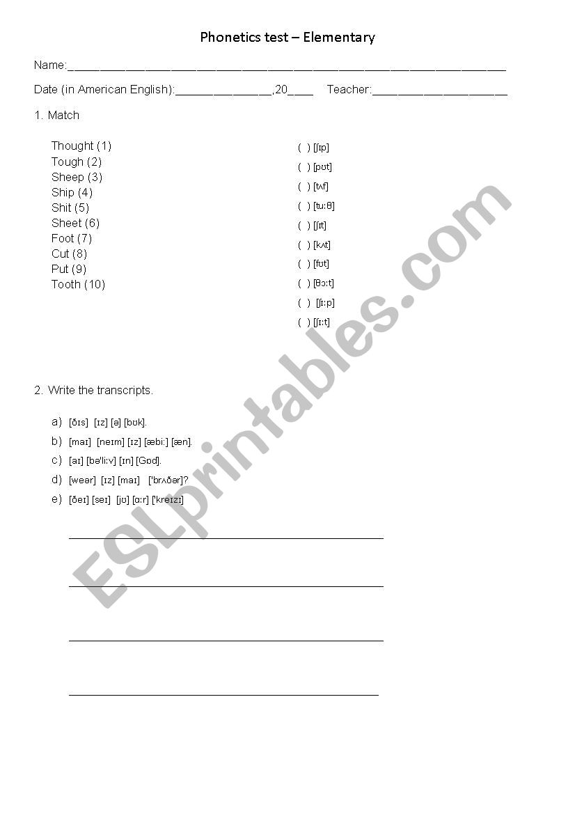 Phonetics Test worksheet