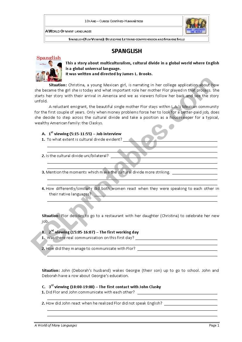 Spanglish - Film Viewing worksheet