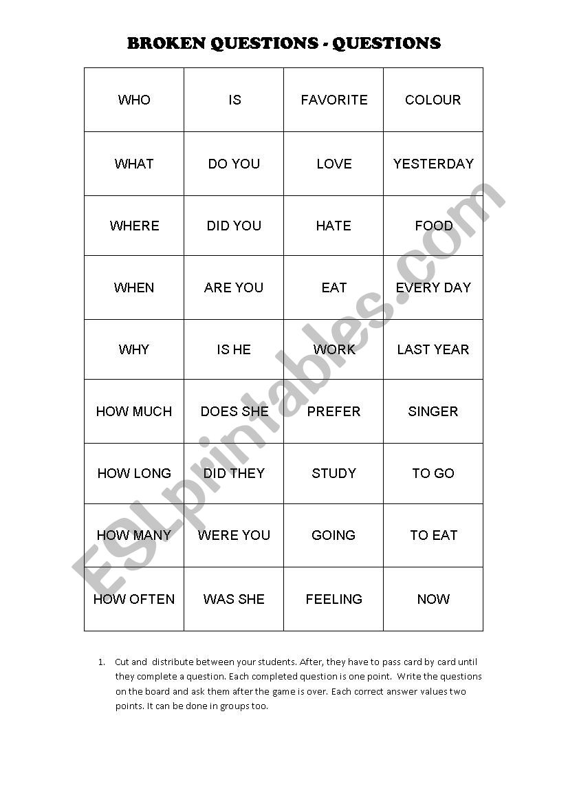 Broken Questions worksheet