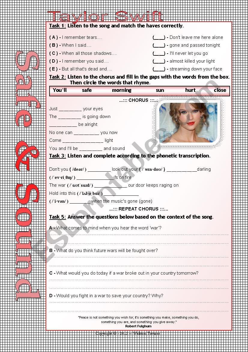 SAFE & SOUND - TAYLOR SWIFT worksheet