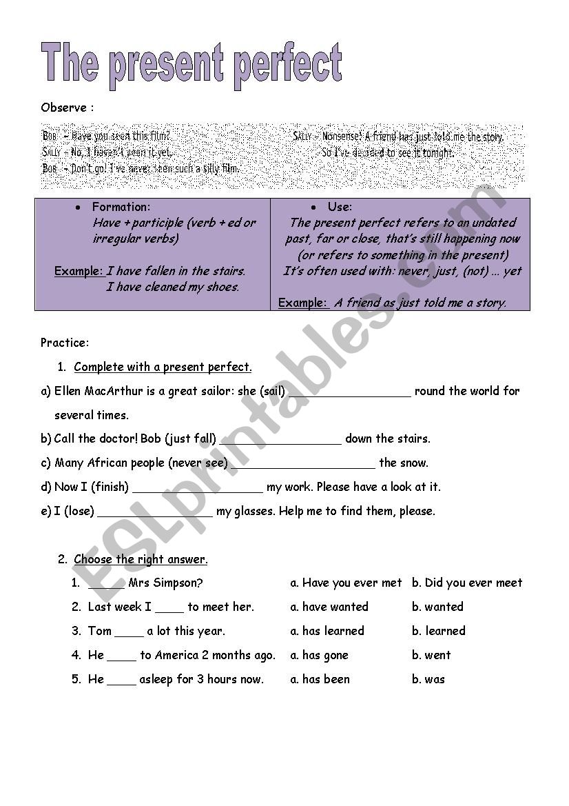 The present perfect worksheet