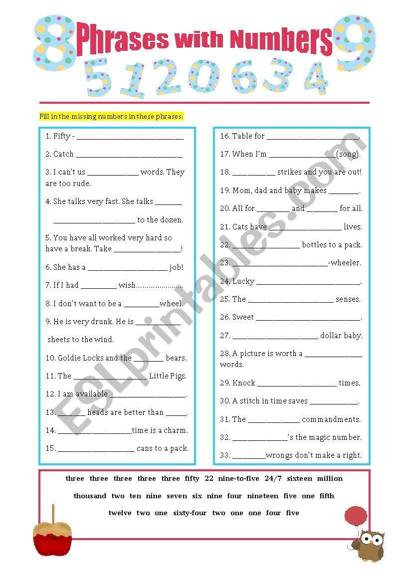 Phrases with Numbers worksheet