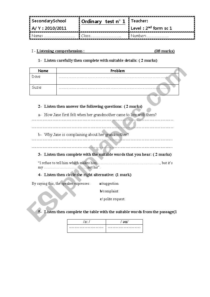 devoir de controle n 1  worksheet