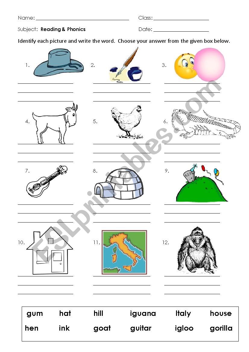 Phonics G-I worksheet