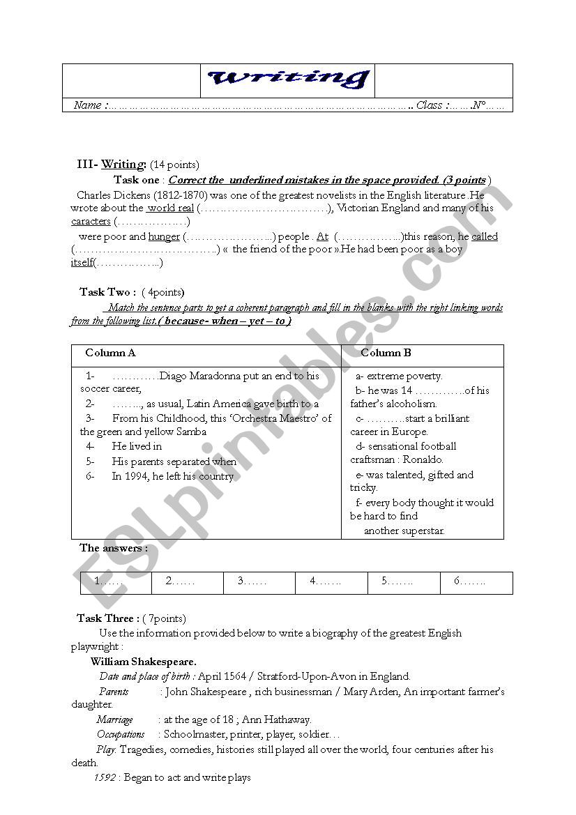 writing exerciese :proof reading.matching exercise and writing a biography of a famous playwright 