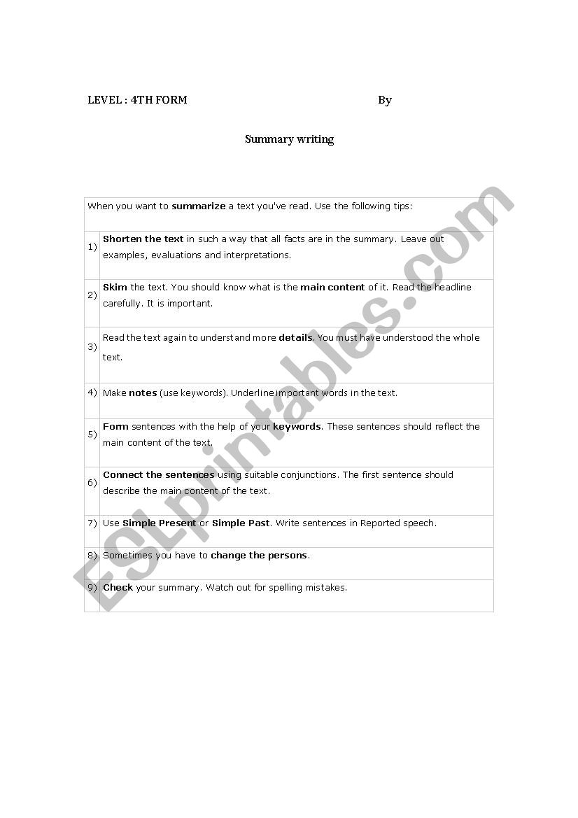 summary writing  worksheet