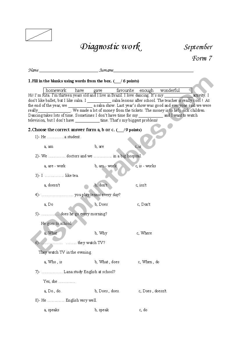 Diagnostic Test worksheet