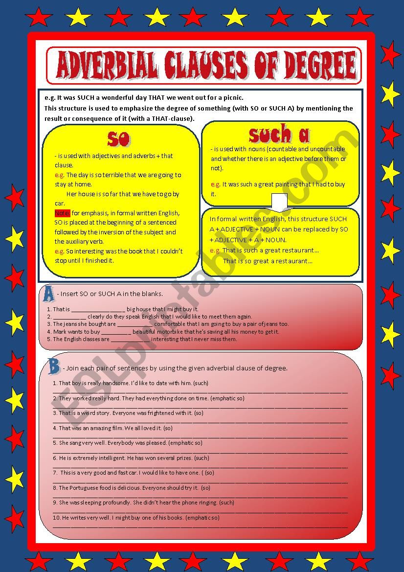 Adverbial clauses of degree worksheet