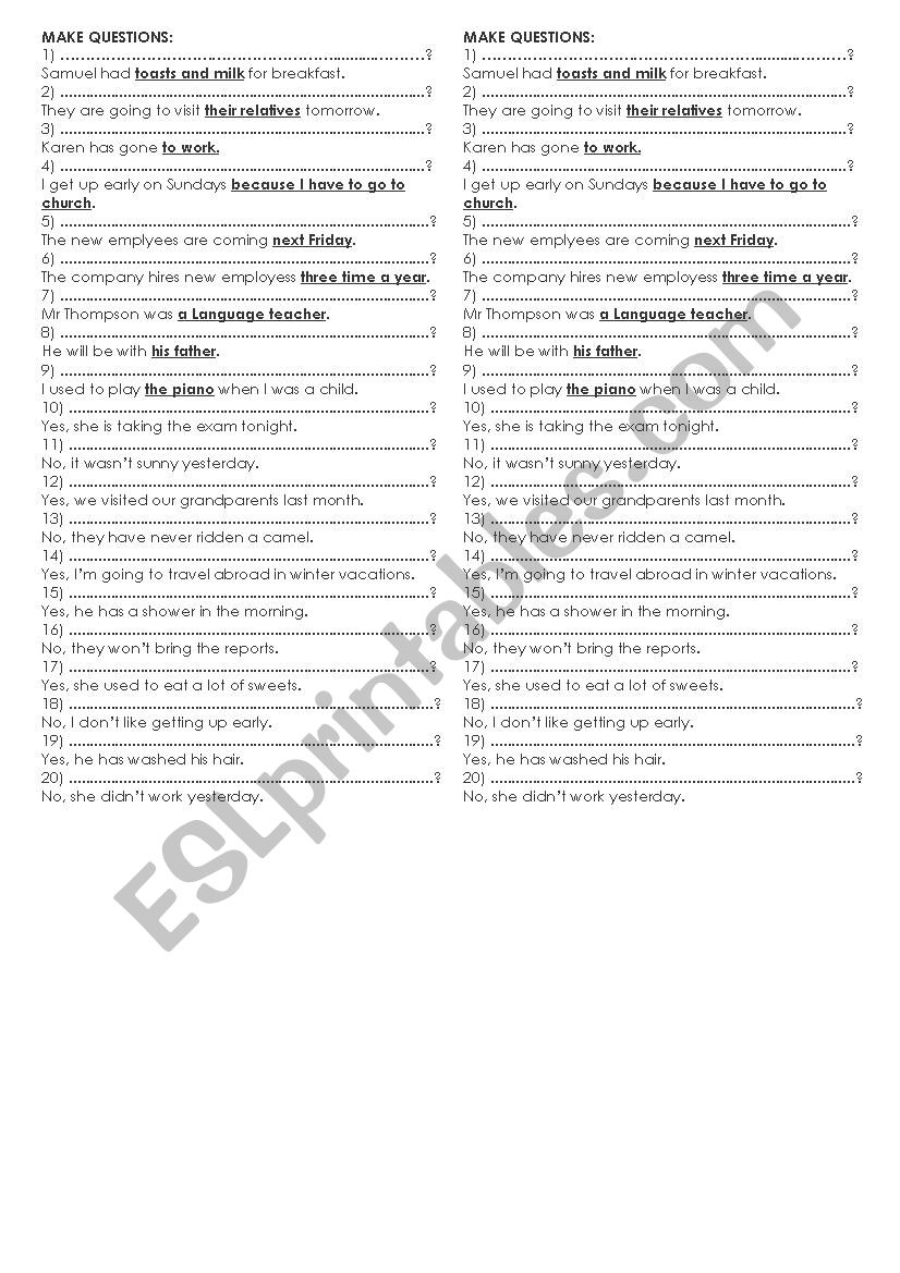 ALL TENSES QUESTIONS worksheet
