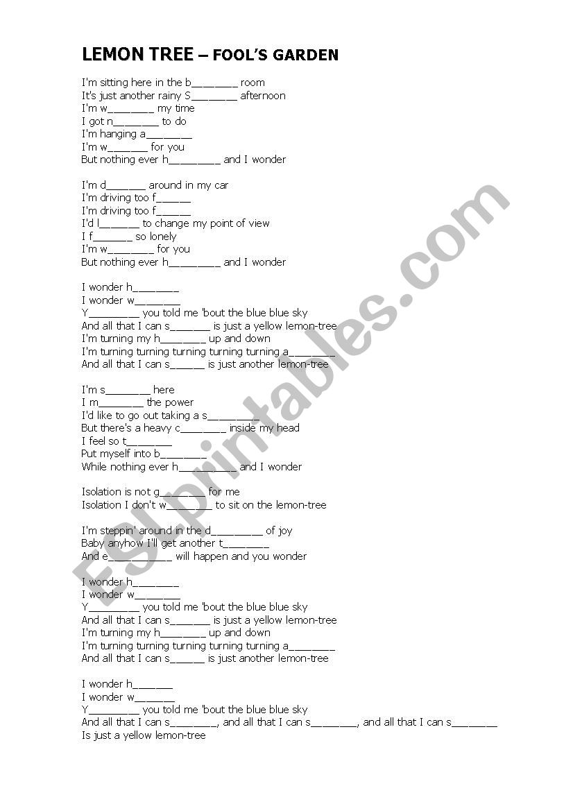 LEMON TREE SONG worksheet