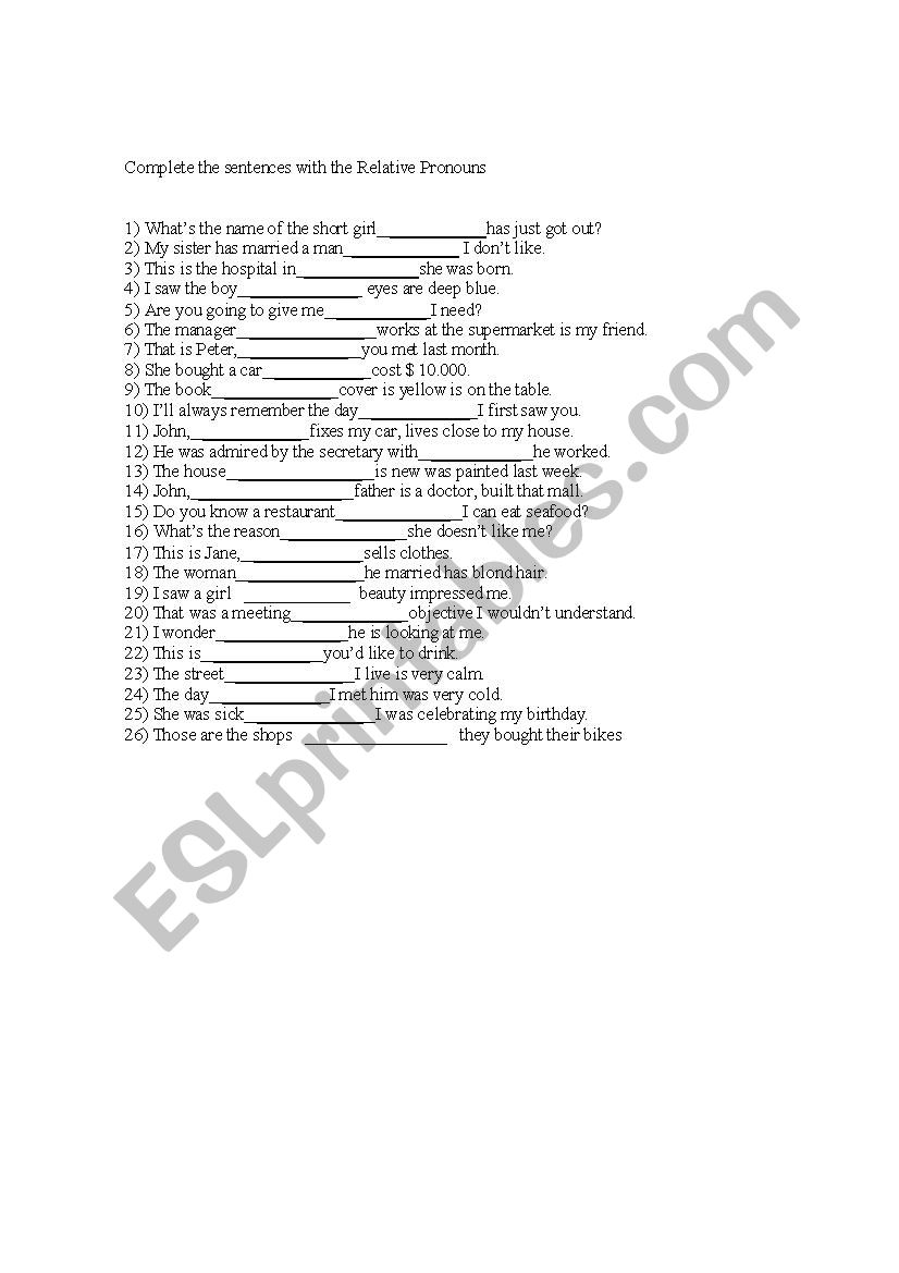 Relative pronouns exercise worksheet