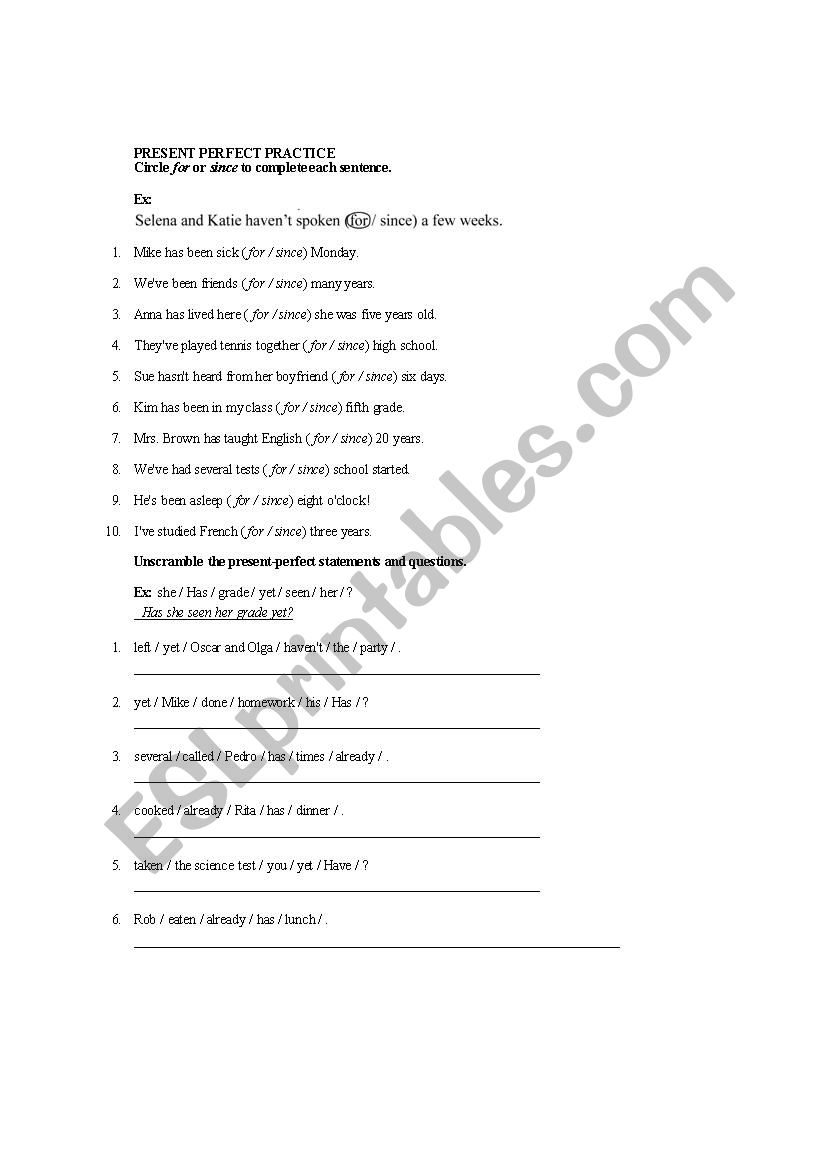 Present perfect practice worksheet