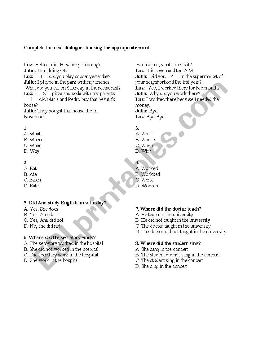 SIMPLE PAST TENSE worksheet